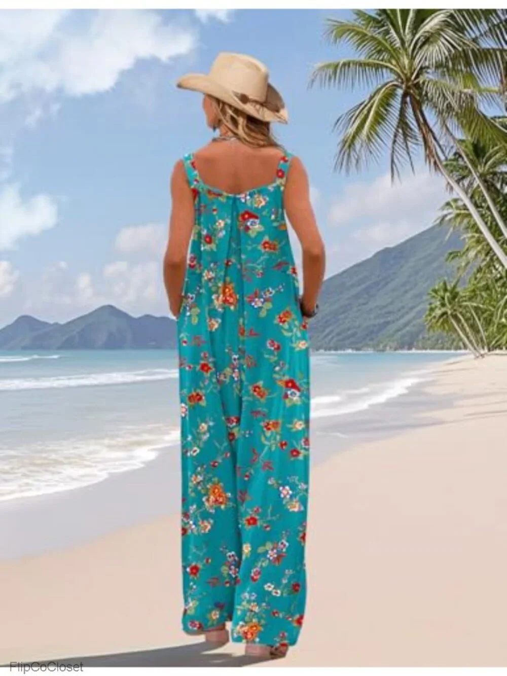 Women's Casual Wide Leg Overall Jumpsuit with Pockets Boho Floral Cotton Romper